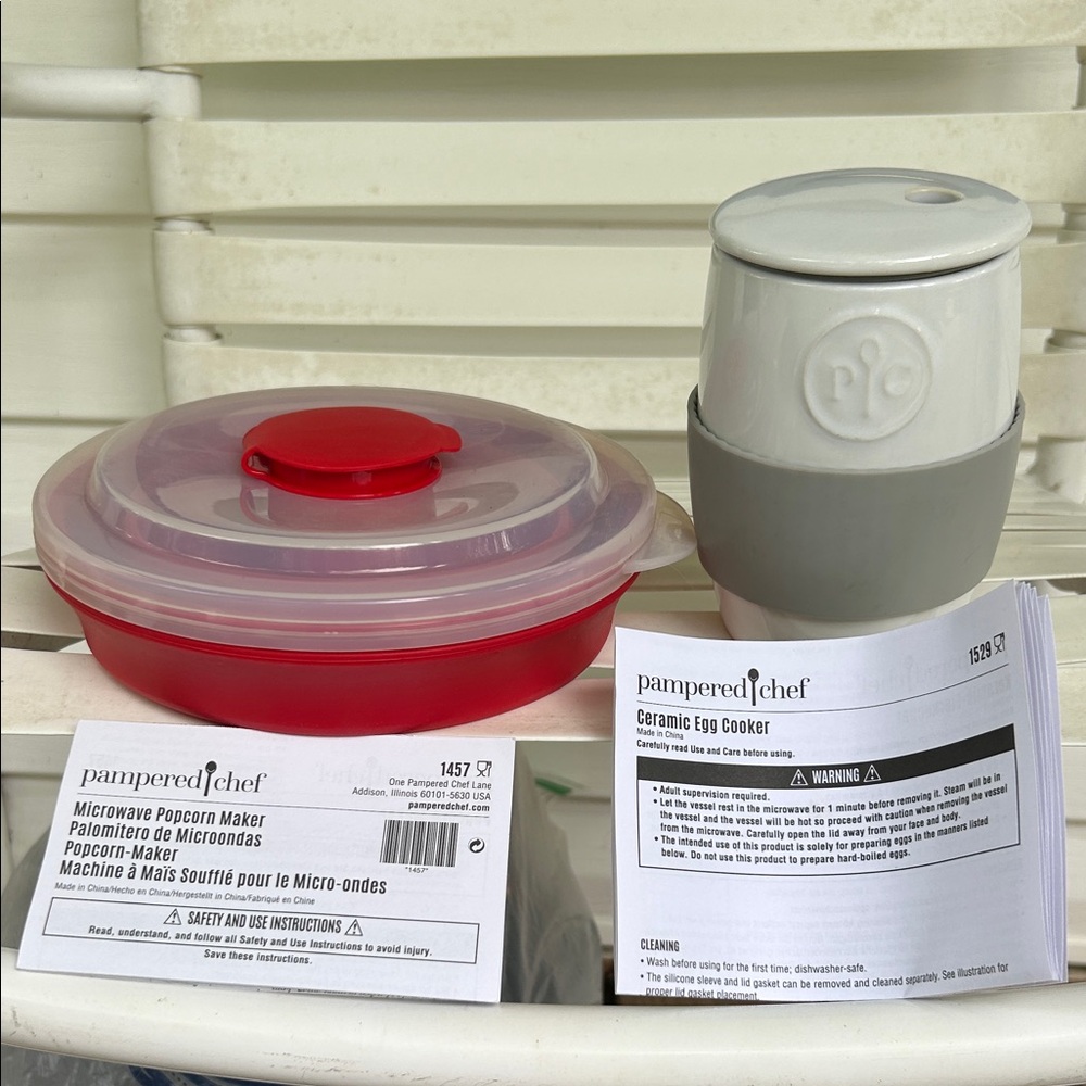 Pampered Chef Red Popcorn Maker and Gray Egg Cooker Set